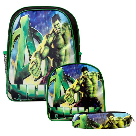 Imagem de Kit Mochila Escolar De Costas Infantil Herói Hulk Vingadores