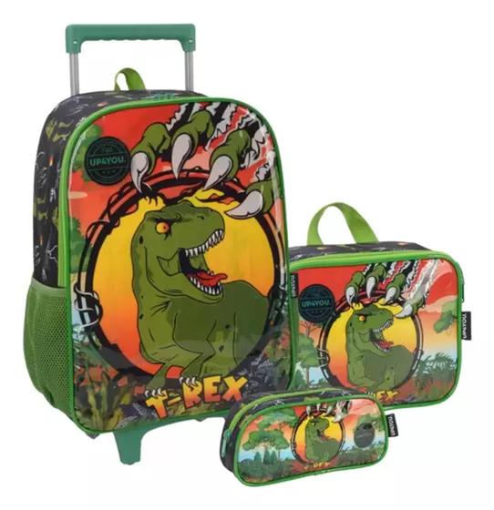 Imagem de Kit Mochila Escolar de Rodinha T-rex Dinossauro Lancheira e Estojo