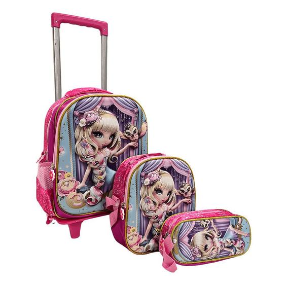 Imagem de Kit Mochila Escolar De Rodinhas Princesas 3D Estojo E Lancheira Infantil