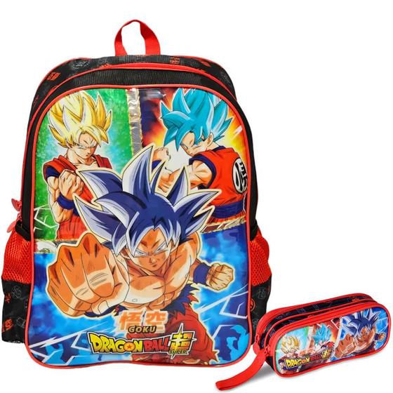 Imagem de Kit Mochila Escolar Dragon Ball Goku Costas Tam G Com Estojo Duplo