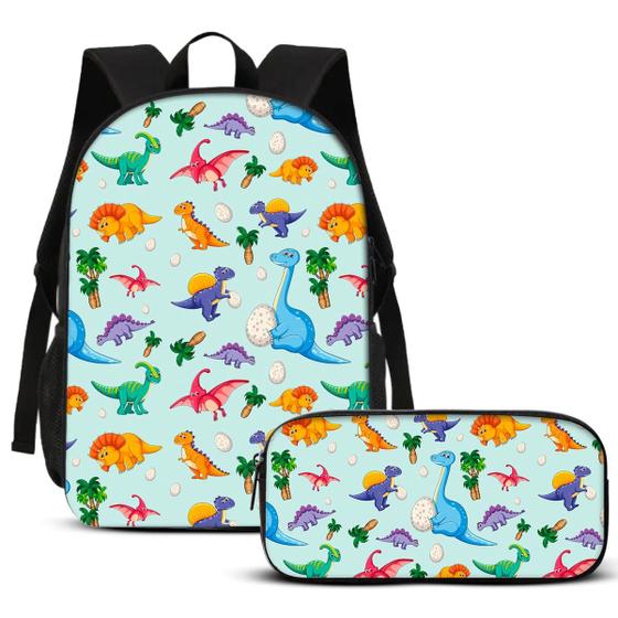 Imagem de Kit Mochila Escolar e Estojo Dinossauro Azul Volta as Aulas