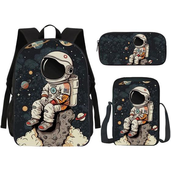 Imagem de Kit Mochila Escolar, Estojo E Lancheira Astronauta 4 Volta as Aulas