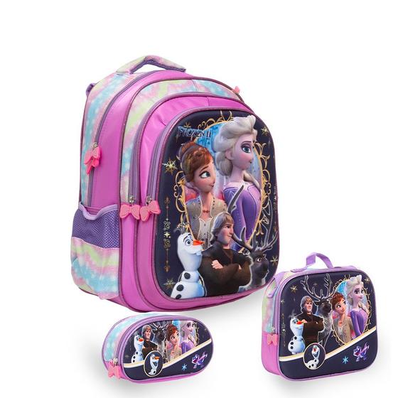 Imagem de Kit Mochila Escolar Feminina Frozen Costas Reforçada Tam G