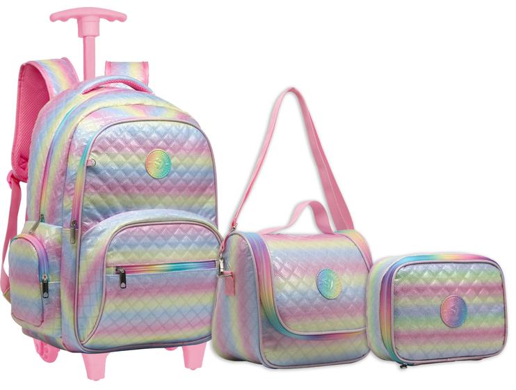 Imagem de Kit Mochila Escolar Feminina Tie Dye Colorida Rodinhas G KIT8143