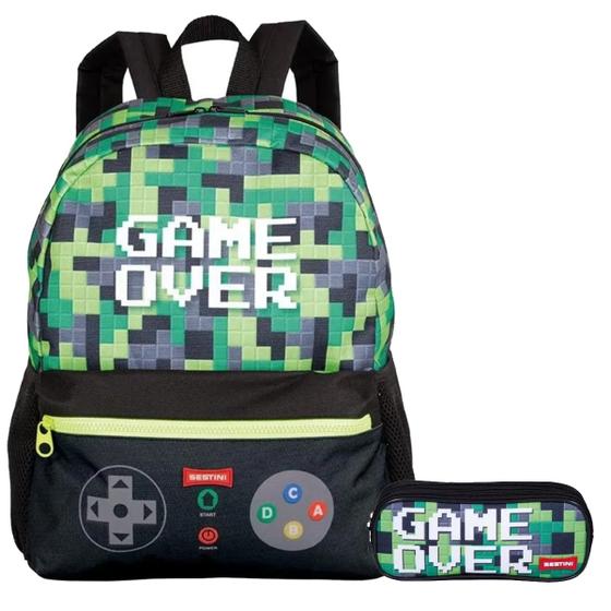 Imagem de Kit Mochila Escolar Gamer Over Costas Infantil Tam G Sestini Com Estojo Duplo