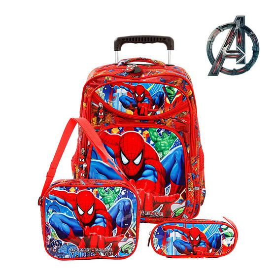 Imagem de Kit Mochila Escolar Homem Aranha Marvel Vermelha com Rodinha