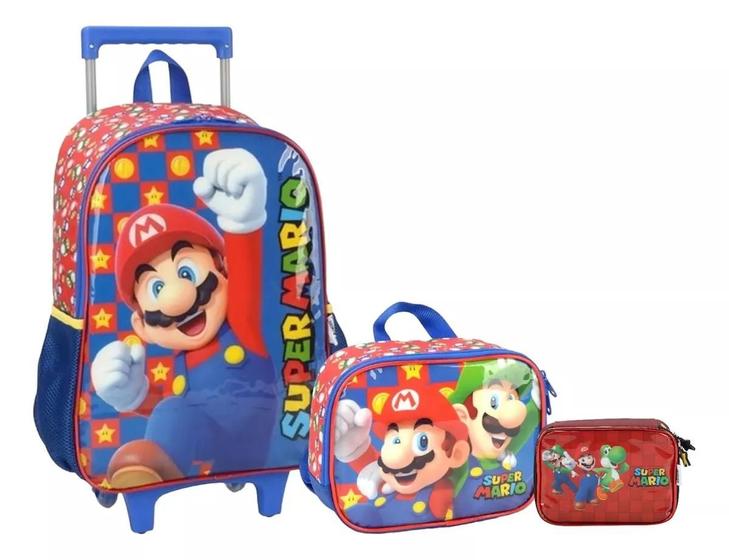 Imagem de Kit Mochila Escolar Infanti Super Mario Bros Rodinhas Tam G