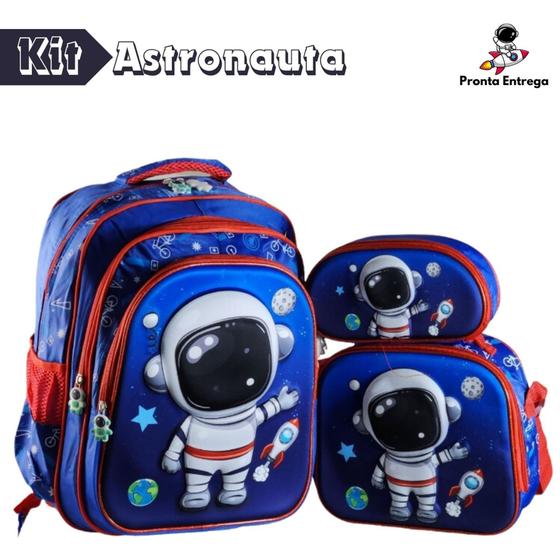 Imagem de Kit Mochila Escolar Infantil Astronauta Com e Sem Rodinhas Criança Menino