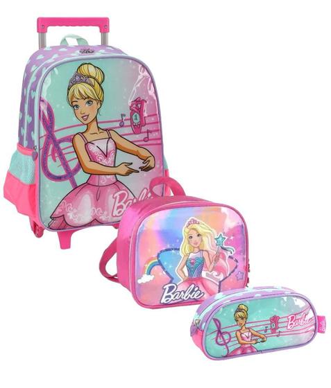 Imagem de Kit Mochila Escolar Infantil Barbie Bailarina Rodinhas Tam G