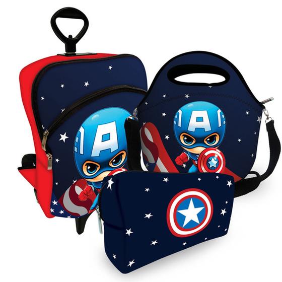 Imagem de Kit Mochila Escolar Infantil + Bolsa Lancheira + Estojo Plus - Herói América - Mega Oferta