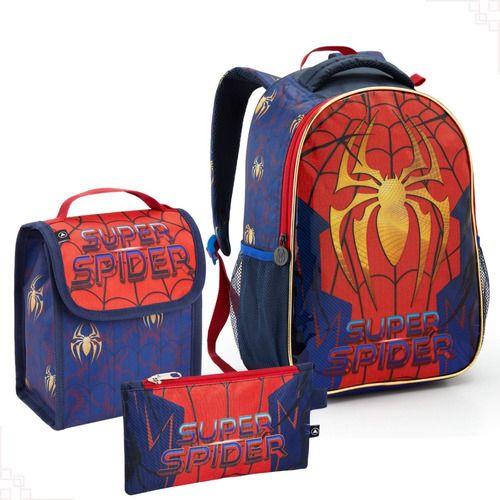 Imagem de Kit Mochila Escolar Infantil Costas Aranha Spider De Menino