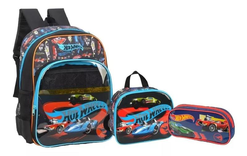 Imagem de Kit Mochila Escolar Infantil Costas Carro Hot Wheels Tam G