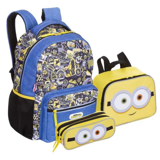 Imagem de Kit Mochila Escolar Infantil De Alças Grande, Lancheira Estojo Minions Masculina Sestini