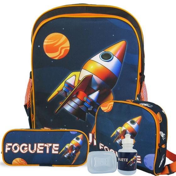 Imagem de Kit Mochila Escolar Infantil de Costas Tam G Foguete