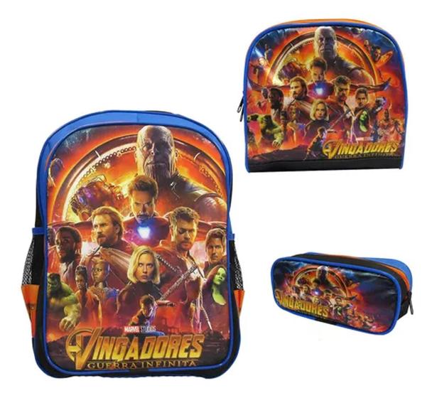 Imagem de Kit Mochila Escolar Infantil de Costas Vingadores Tam G - Lancheira e Estojo