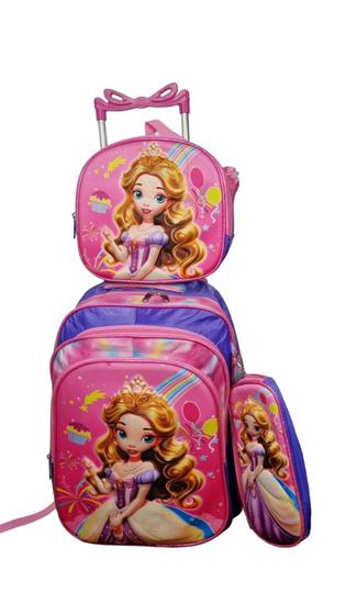 Imagem de Kit Mochila Escolar Infantil de Rodinhas Meninas 3D Bolsa Resistente Impermeável Com Lancheira e Estojo