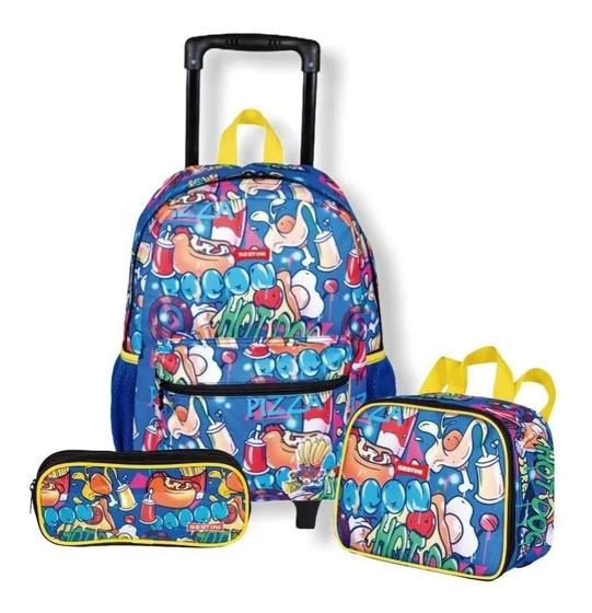 Imagem de Kit Mochila Escolar Infantil Estampada Rodinha Tam G Sestini Hot Dog