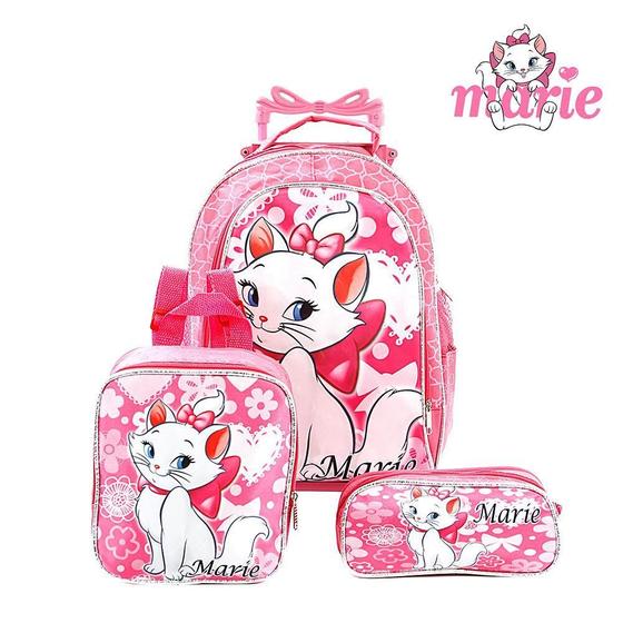 Imagem de Kit Mochila Escolar Infantil Gata Marie Com Rodinhas