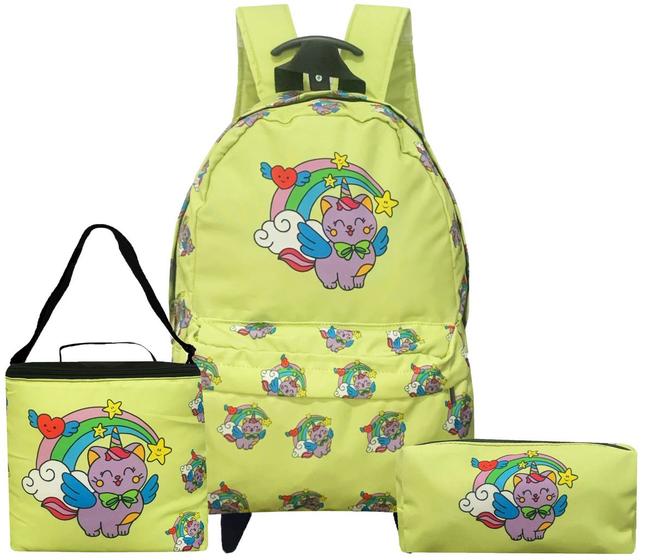 Imagem de Kit Mochila Escolar Infantil Gatinha Unicórnio Arco-íris Rodinhas Impermeável Menina Lancheira Térmica Estojo 