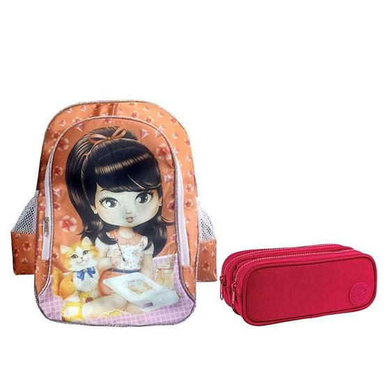 Imagem de Kit Mochila Escolar Infantil Jolie Morena 24 e Estojo Duplo Académie Rosa - ABCD