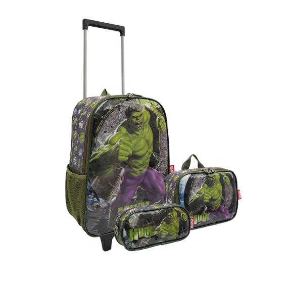 Imagem de Kit Mochila Escolar Infantil Juvenil 2 Rodas com Lancheira Estojo Hulk Marvel