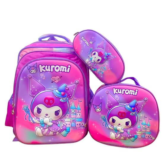 Imagem de Kit Mochila Escolar Infantil Lancheira Estojo Personagens Hello 3D Kitty