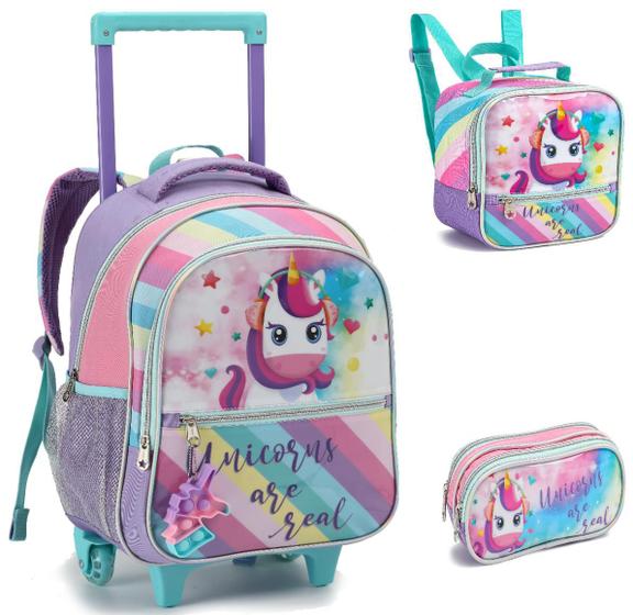 Imagem de Kit Mochila Escolar Infantil menina Unicornio Com Rodinhas