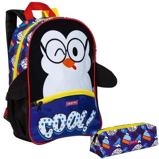 Imagem de Kit Mochila Escolar Infantil Pinguim Tam M Costas