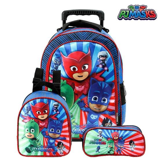 Kit Mochila Escolar Infantil PJ Masks De Rodinhas Azul Menor preço em Kit Mochila Escolar Infantil PJ Masks De Rodinhas Azul