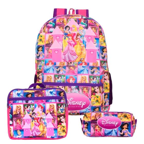 Imagem de Kit Mochila Escolar Infantil Princesas Disney de Costas + Lancheira Térmica + Estojo Escolar