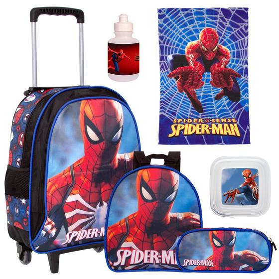 Imagem de Kit Mochila Escolar Infantil Rodinha Homem Aranha + Toalha