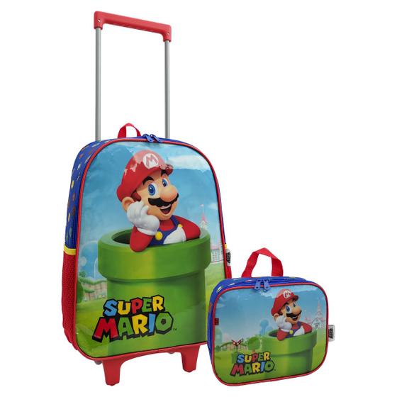 Imagem de Kit Mochila Escolar Infantil Rodinha Lancheira Creche Passeio Super Mario