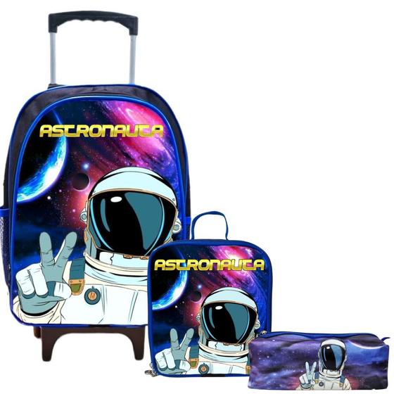 Kit Mochila Escolar Infantil Rodinha Masculina Astronauta + Lancheira + Estojo Menor preço em Kit Mochila Escolar Infantil Rodinha Masculina Astronauta + Lancheira + Estojo