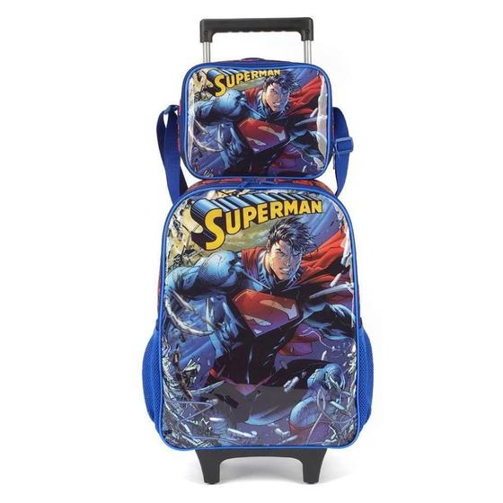 Imagem de Kit Mochila Escolar Infantil Rodinhas e Lancheira Super-Man - luxcel