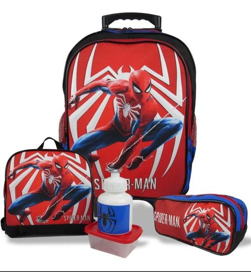 Imagem de Kit Mochila Escolar Infantil Rodinhas Homem Aranha Tam G