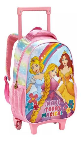 Imagem de Kit Mochila Escolar Infantil Rosa Princesas De Rodinhas Gran