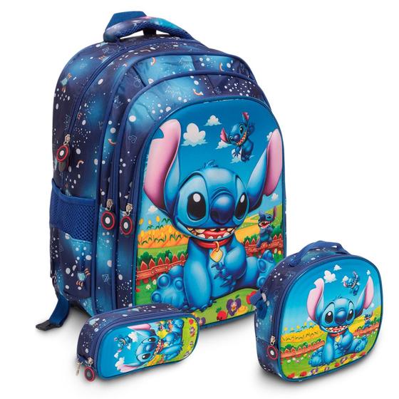 Imagem de Kit Mochila Escolar Infantil Stitch Tam G Creche Alça Costas