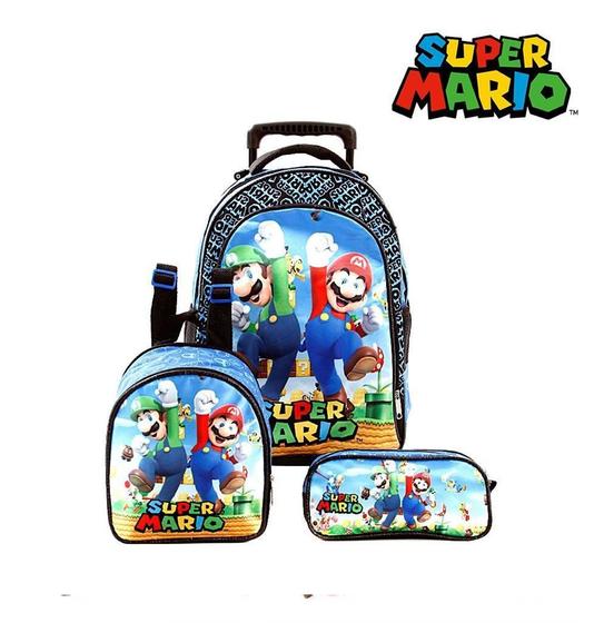 Imagem de Kit Mochila Escolar Infantil Super Mario E Luigi Com Rodinha