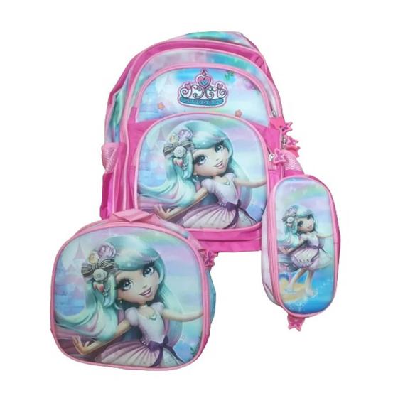 Imagem de Kit mochila escolar lancheira estojo infantil com alça ajustável feminina princesa