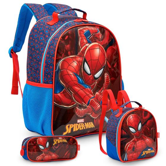 Imagem de Kit Mochila Escolar Masculina Homem Aranha Grande Reforçada