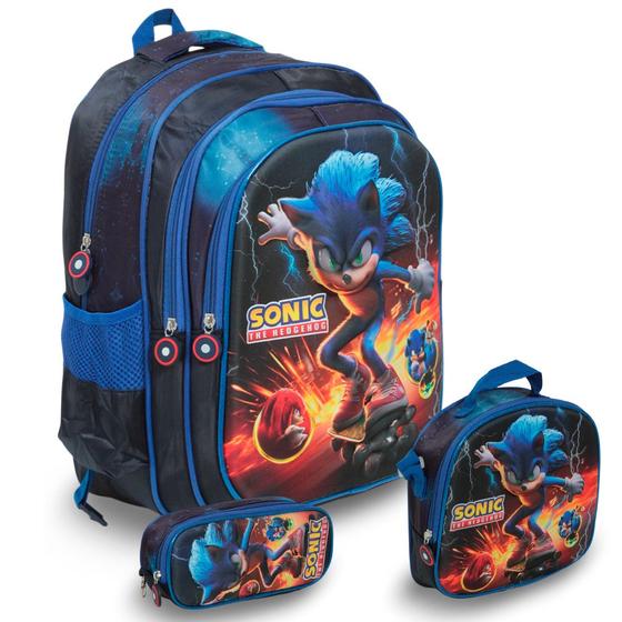 Imagem de Kit Mochila Escolar Masculina Sonic + Lancheira e Estojo