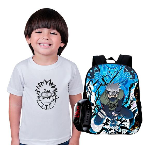 Imagem de Kit Mochila Escolar Naruto + Camiseta Anime + Relógio Digital