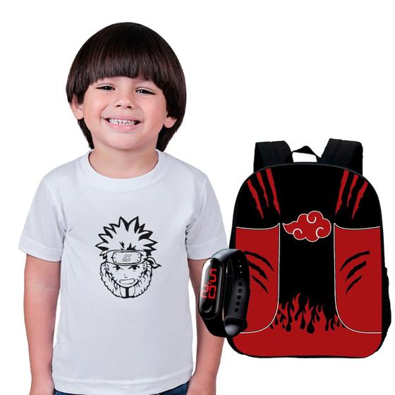 Imagem de Kit Mochila Escolar Naruto + Camiseta Anime + Relógio Digital