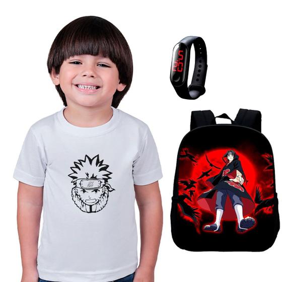 Imagem de Kit Mochila Escolar Naruto + Camiseta Anime + Relógio Digital