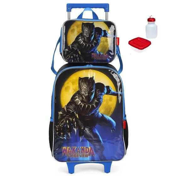 Imagem de Kit Mochila Escolar Pantera Negra Rodinha Infantil Tam G