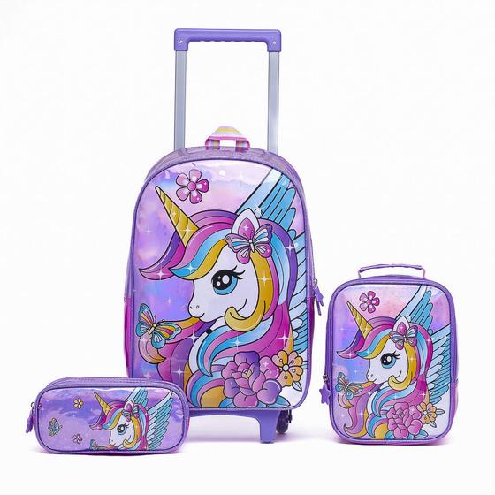 Imagem de Kit Mochila Escolar Polo One Infantil Unicórnio Rodinhas Feminina Lancheira Térmica Estojo Grande