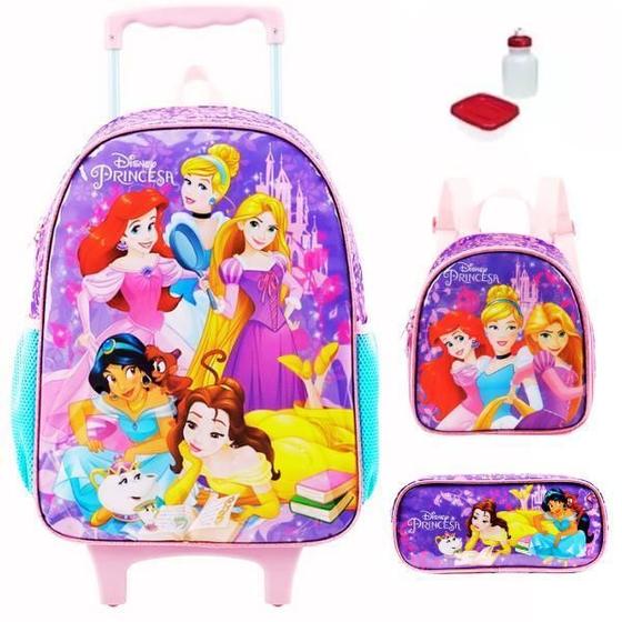 Imagem de Kit Mochila Escolar Princesas Disney Infantil Tam G Rodinhas