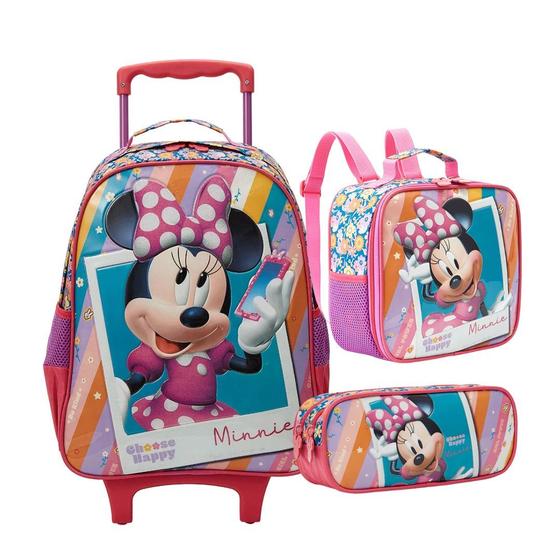 Imagem de Kit Mochila Escolar Rodas com estojo e lancheira Minnie