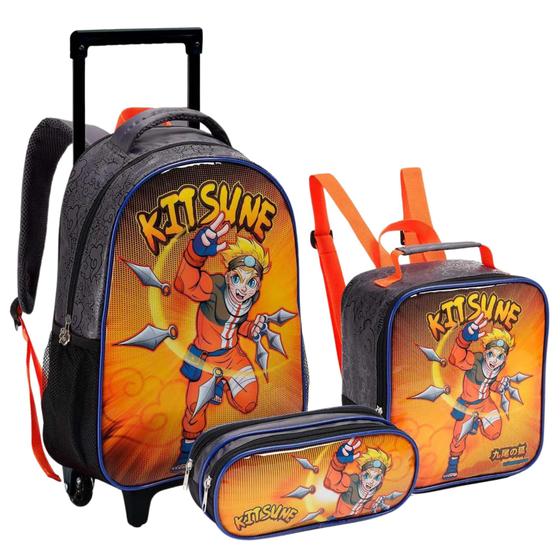 Imagem de Kit Mochila Escolar Rodas Kitsune Naruto Lancheira Estojo Seanite