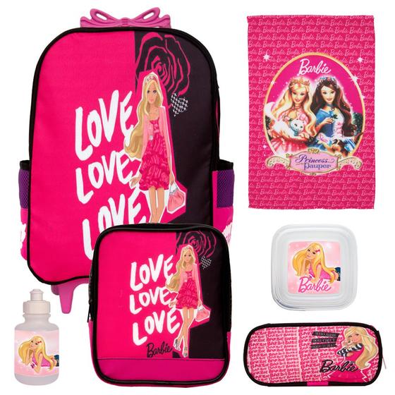 Imagem de Kit Mochila Escolar Rodas Meninas Barbie + Itens Toys 2U